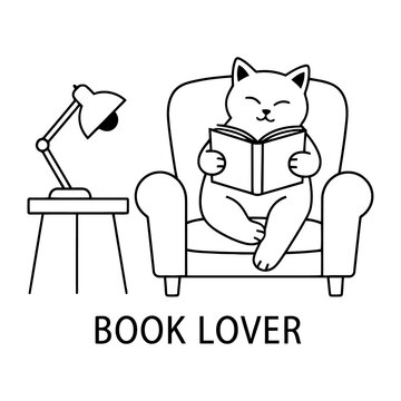 Cute Cat Reading Book Sitting in Armchair with Desk Lamp on Side Table