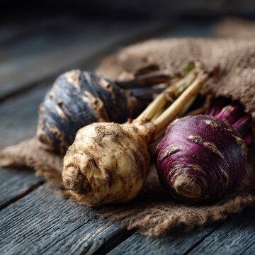 Freshly harvested raw root vegetables including celeriac and beetroots resting on a burlap sack on a dark rustic wooden background.