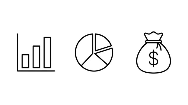 Three line icons depicting a bar chart, a pie chart, and a money bag with a dollar sign, symbolizing business, finance, and data analysis.