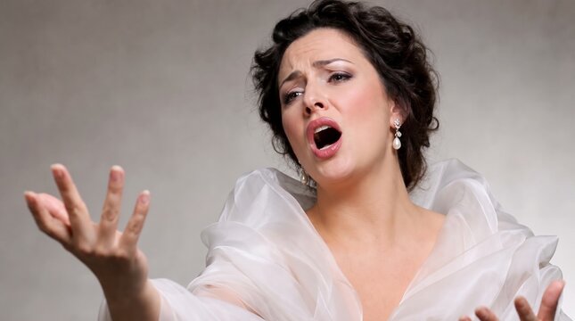 Dramatic Female Opera Singer Performing with Passionate Expression in White Dress, Professional Vocal Talent for Classical Music Promotion