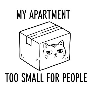 Grumpy Cat in Cardboard Box with Text My Apartment Too Small for People