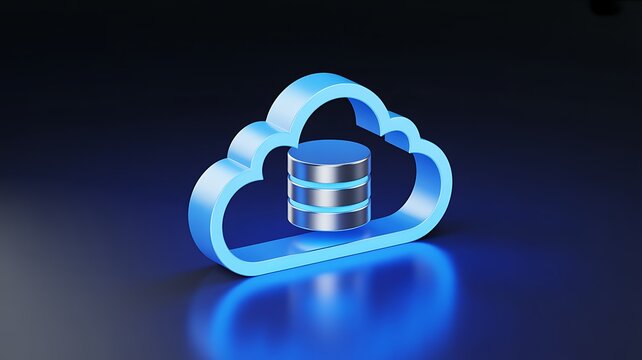 Cloud database icon, symbolizing cloud computing and data storage. The icon is blue and set against a dark, reflective background.