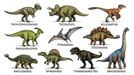 Dinosaur Species Set Hand-Drawn Illustration with Names © Stark Strokes