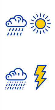 A collection of four weather icons depicting rain, sun, a rain cloud, and a lightning bolt