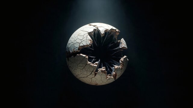 Cracked Hollow Sphere with Internal Light Floating in Dark Void
