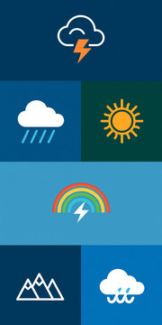 Collection of weather icons showing different atmospheric conditions including sun, rain, clouds, lightning, and rainbow