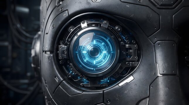 Close-up of a futuristic robotic eye with glowing blue optical sensors and metallic armor plating.