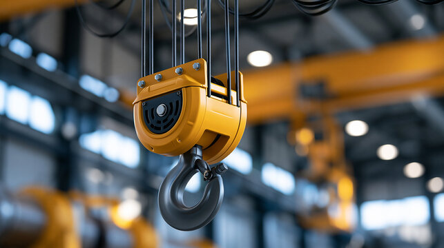 Industrial yellow overhead crane with hoist and hook in modern manufacturing facility, showcasing comprehensive heavy machinery and construction equipment, with copy space