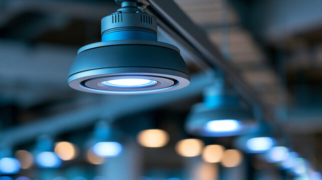 Directional LED lights on rails under ceiling in modern warehouse, shopping center building, office or other commercial real estate object, defocused illumination system, with