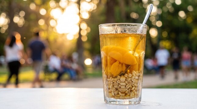 Traditional Chilean Mote con Huesillo Drink with Dried Peaches and Wheat in Outdoor Park at Sunset