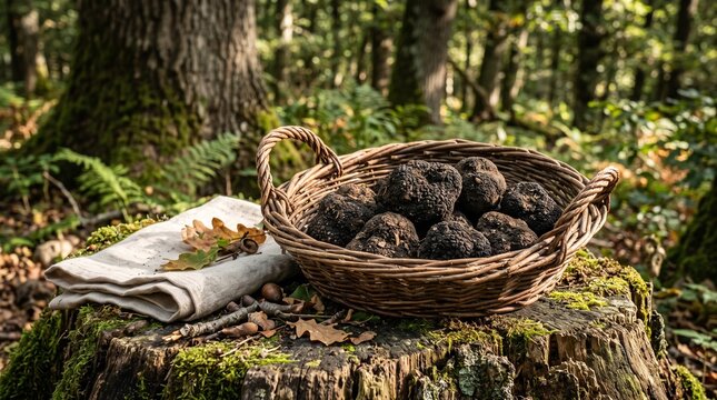 Fresh black truffles gathered in a willow basket