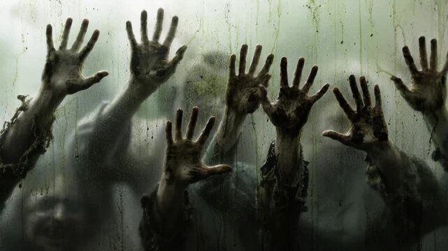 Pale Undead Zombies with Dirty Hands Reaching through Grimy Foggy Glass Window, Apocalypse Horror Scene for Halloween