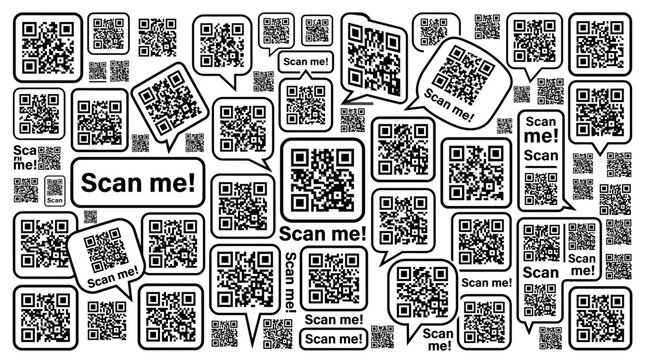 Seamless pattern of multiple QR codes with scan me text for digital marketing and contactless information access