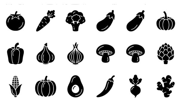 Fresh vegetables silhouette icon set with black solid food shapes for restaurant menus and grocery branding