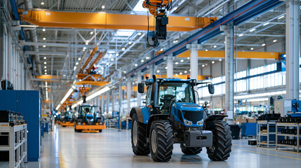 Fototapeta premium Industrial manufacturing equipment and overhead cranes inside tractor factory, environment of tractor assembly line, heavy industry, modern manufacturing processes, automation,