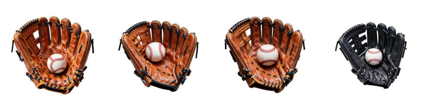 Four baseball gloves, including one black baseball glove, are shown in a panoramic format