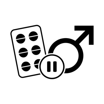 Male Contraceptive Pill Icon with Mars Symbol and Pause Button Graphic.