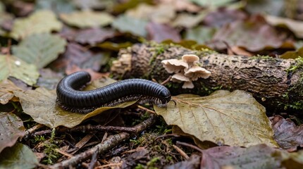 Fototapeta premium Millipede follows beech leaves beside woodland fungi