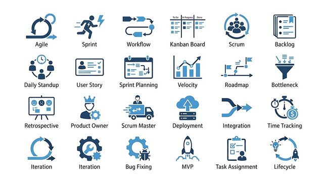 Agile workflow vector icon set, scrum, kanban, sprint and project management symbols