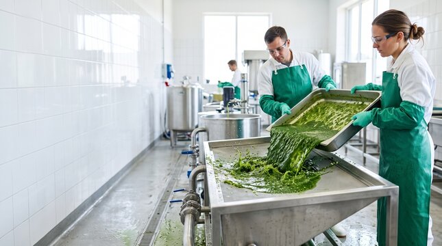 Biotechnologists begin a spirulina harvest cycle