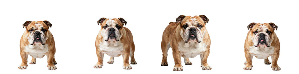 Fototapeta premium Four english bulldogs stand side-by-side in front of a black backdrop