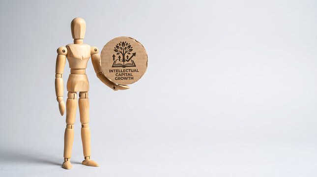Intellectual capital growth and knowledge management concept with wooden mannequin holding round badge and copy space for corporate strategy presentation