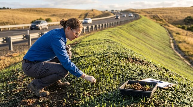 Inspector checks new growth on a hydroseeded embankment