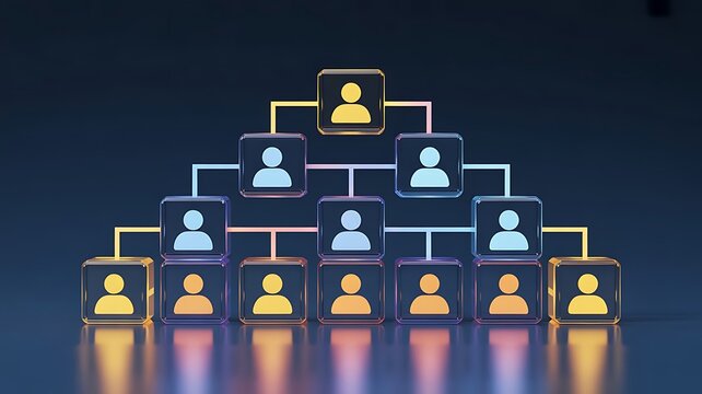 Corporate organizational structure chart with glowing glass cubes and human on a dark blue background, for business management concepts