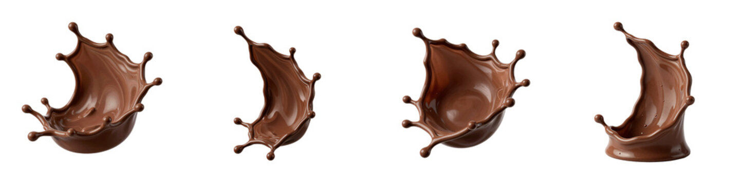 Various chocolate splashes frozen in the air on a stark black backdrop for dramatic effect