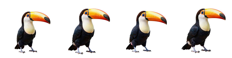 Fototapeta premium Four toco toucans are standing in a row against a stark black background, isolated and ready to be used