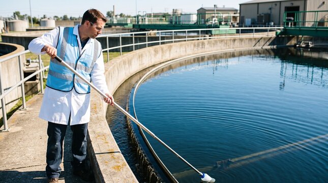 Technician collects water sample at clarification basin