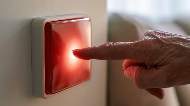 Elderly Emergency Alert Elderly hand pressing a glowing red button on a wall switch in a close-up shot.