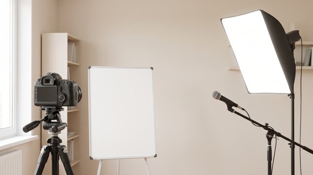 Camera microphone and softbox set up beside blank whiteboard in indoor studio