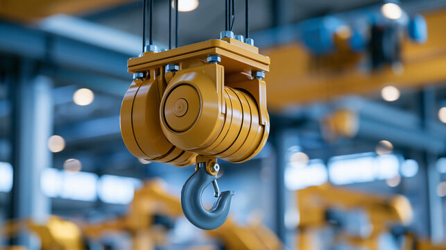 Industrial yellow overhead crane with hoist and hook in modern manufacturing facility, showcasing heavy machinery and construction equipment, defocused industrial lifting