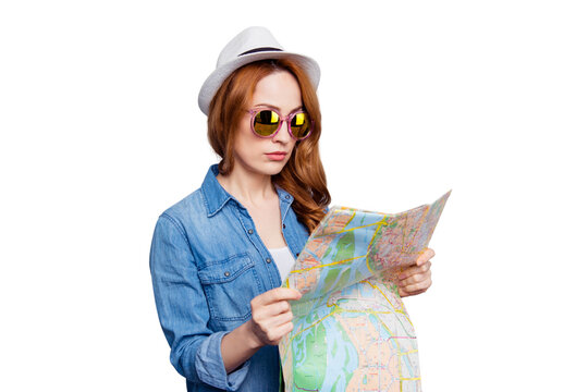 Close up photo beautiful attentive she her lady traveler watch big large colored map look landscape got lost find way city town country wear specs casual jeans denim shirt isolated grey background