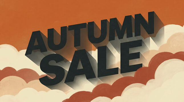A bold 3D text 'AUTUMN SALE' with long shadows on an orange background with stylized clouds, promoting seasonal discounts.