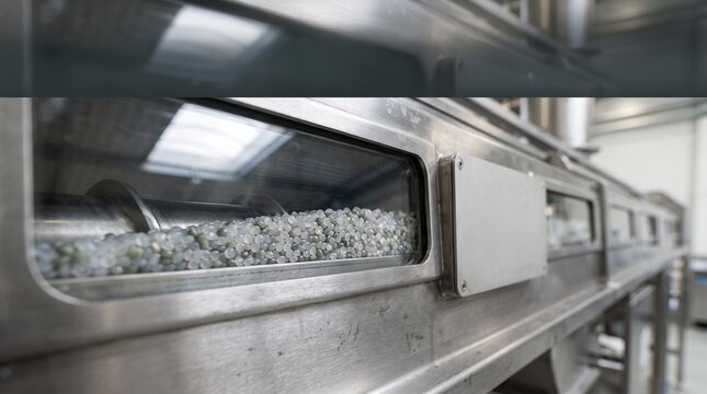 Circular polymer pellets move through processing auger
