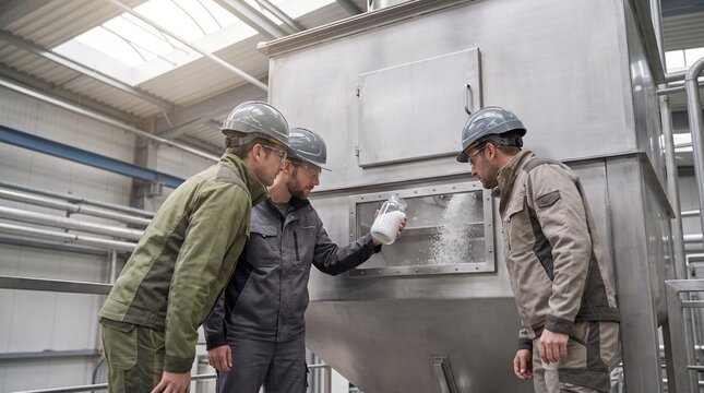 Engineers inspect polymer feedstock at receiving hopper