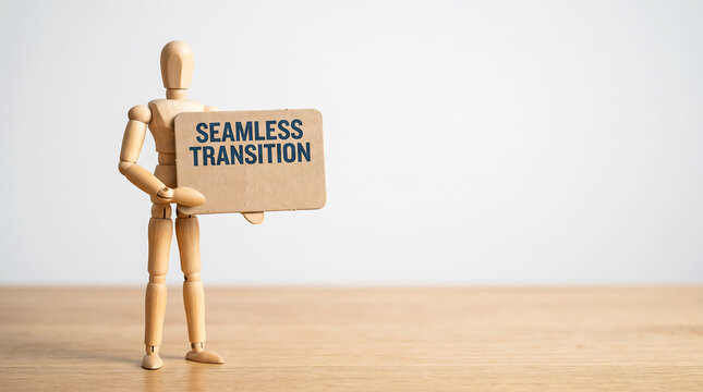 Business change management and workflow evolution concept with wooden mannequin holding seamless transition sign and copy space for corporate strategy presentation
