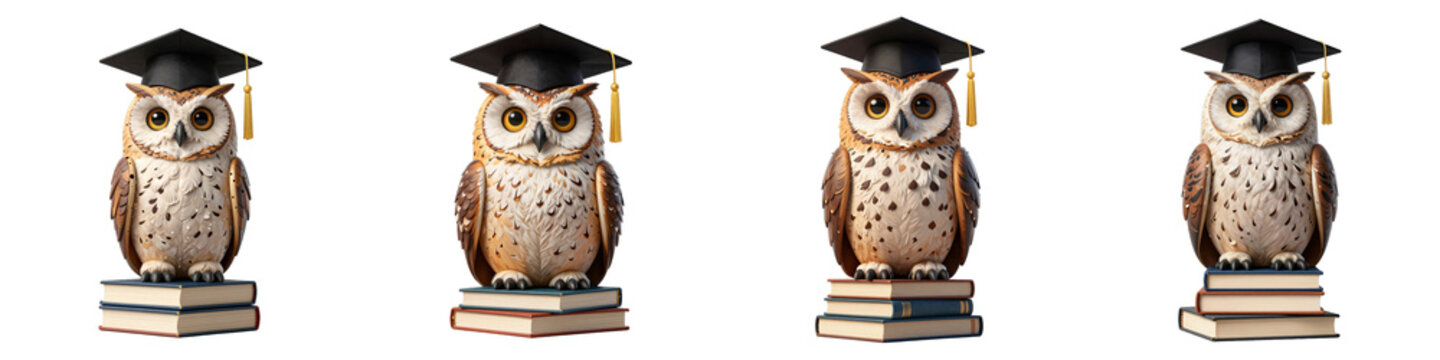 Wise owls wearing graduation caps stand on books against a black background