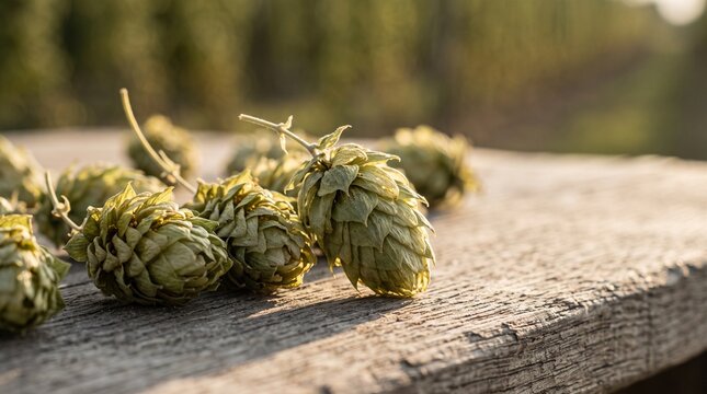 Whole dried hop cones on a rustic sorting board