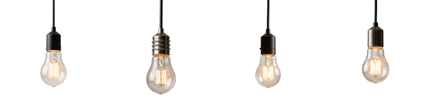 Close up of illuminated edison light bulbs with various sockets hanging on black background