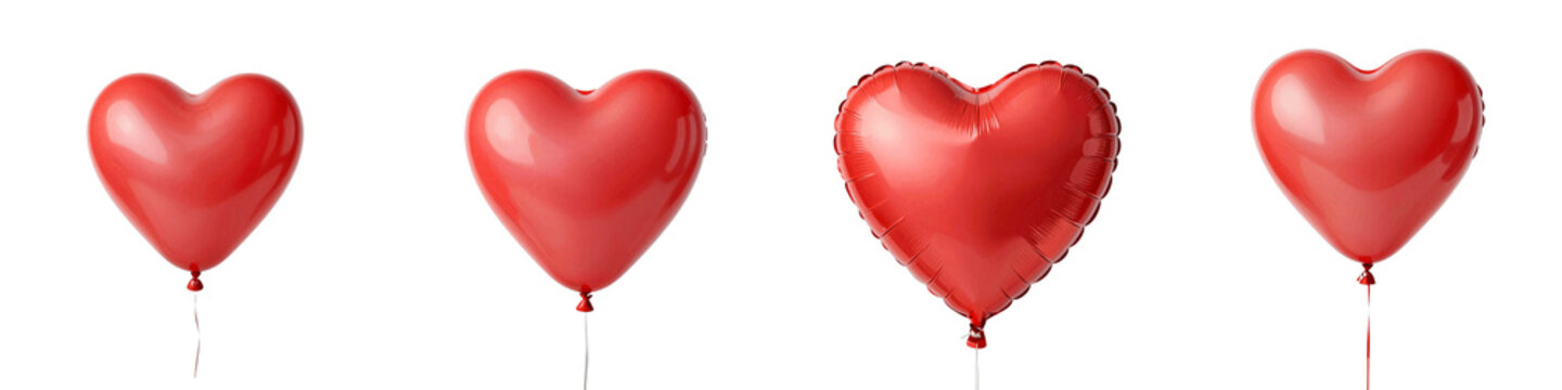 Four red heart shaped balloons floating against a stark black backdrop