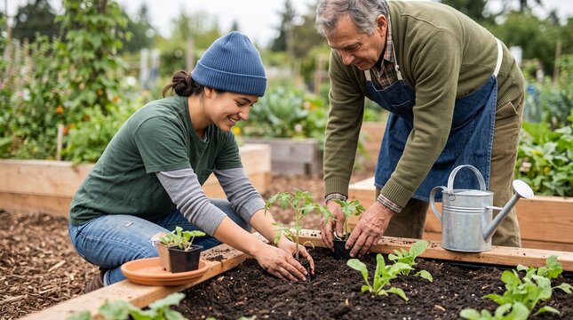 Young volunteer plants seedlings in a raised bed