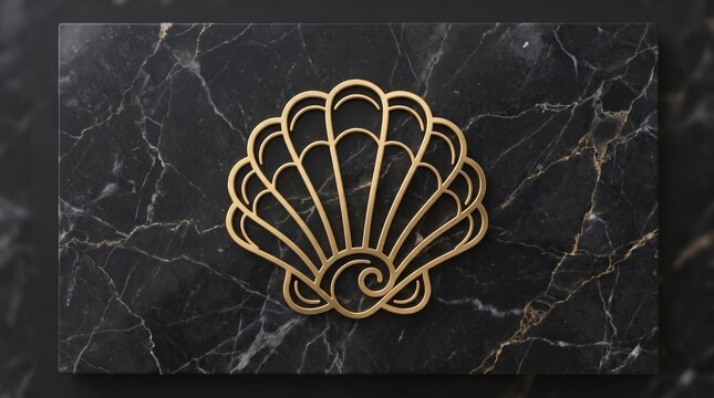 Luxury gold line art seashell icon on black marble background metallic scallop shell logo