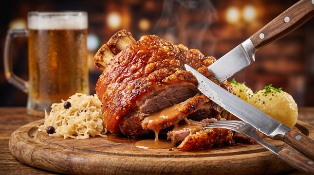Roasted crispy German pork knuckle Schweinshaxe served with sauerkraut potato dumplings and beer on wooden board