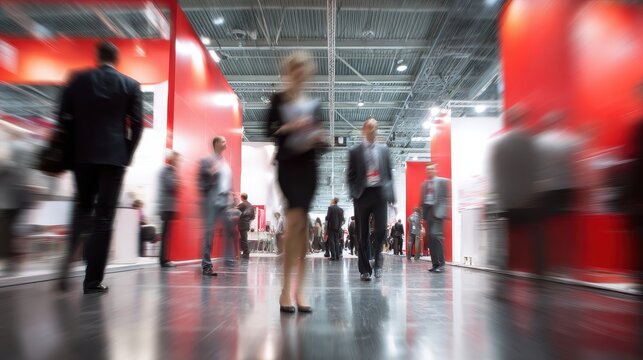 Busy trade fair visitors move through an exhibition hall with red stands, this event creates a dynamic and vibrant business atmosphere