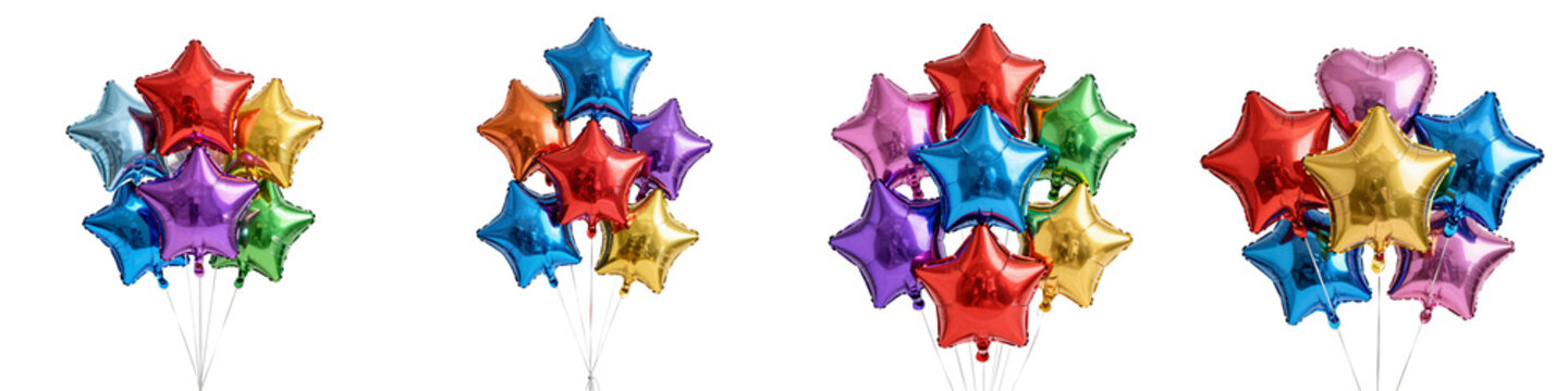 Colorful star shaped balloons floating against a black background in four bunches