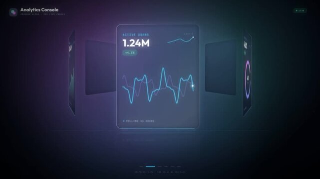 Business dashboard panels rotating through revenue users conversion orders and retention data