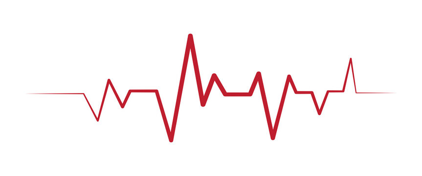 Red electrocardiogram heartbeat line on white background. Sharp peaks create a dynamic cardiac waveform. Ideal for cardiology, healthcare, clinics, posters, logos and digital design art.